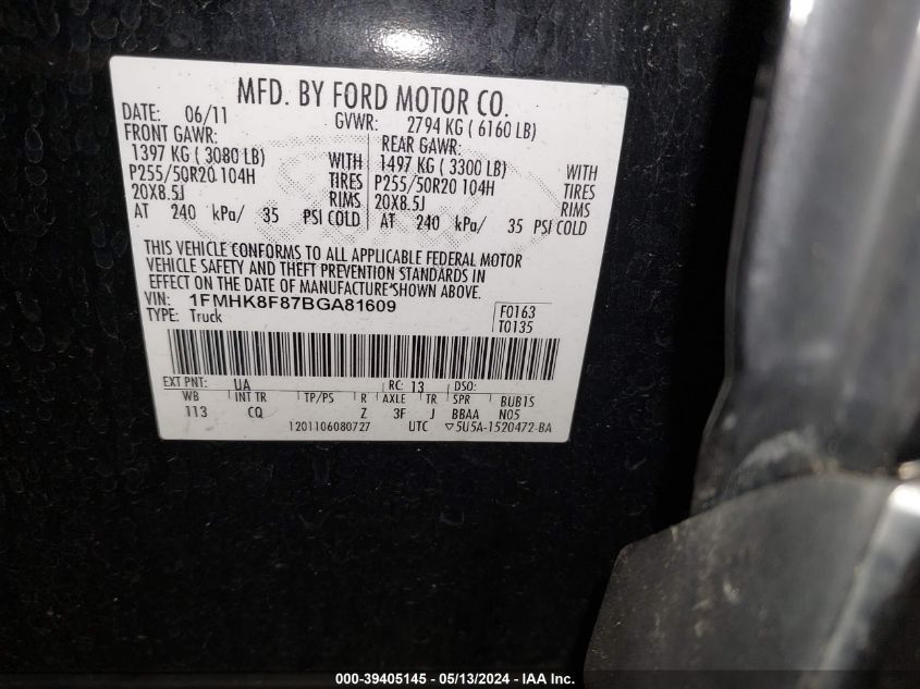 2011 Ford Explorer Limited VIN: 1FMHK8F87BGA81609 Lot: 39405145