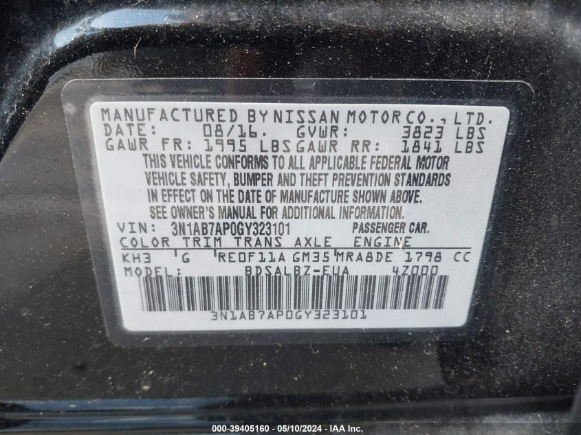 2016 Nissan Sentra S VIN: 3N1AB7AP0GY323101 Lot: 39405160