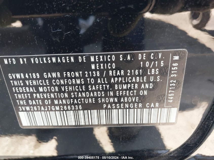 2016 Volkswagen Jetta 1.4T S VIN: 3VW267AJ7GM266336 Lot: 39405175