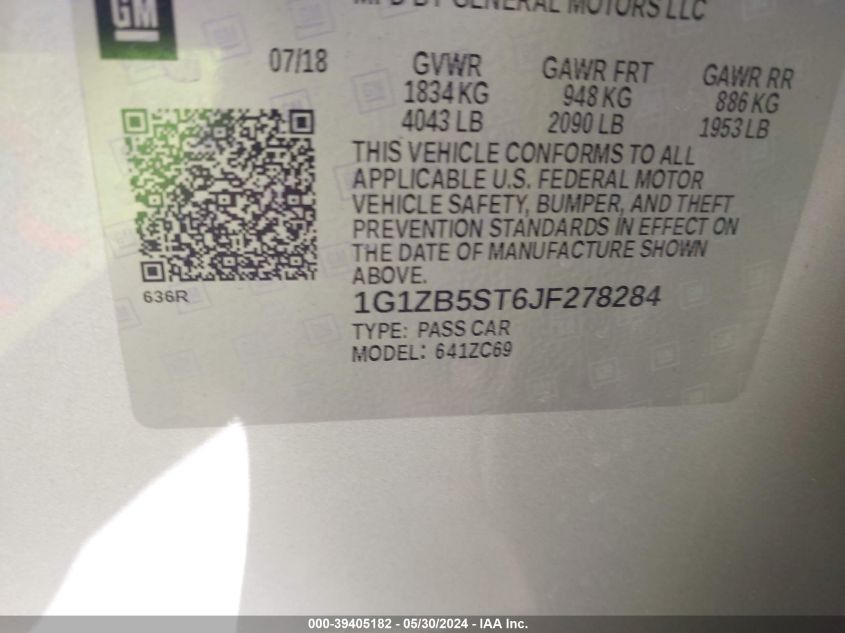 2018 Chevrolet Malibu 1Ls VIN: 1G1ZB5ST6JF278284 Lot: 39405182