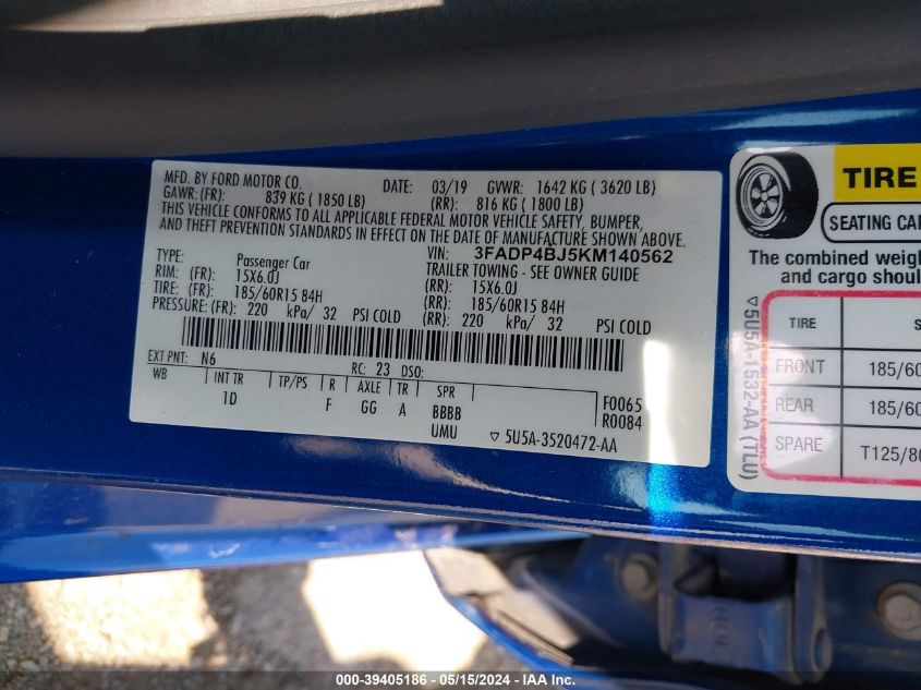 2019 Ford Fiesta Se VIN: 3FADP4BJ5KM140562 Lot: 39405186