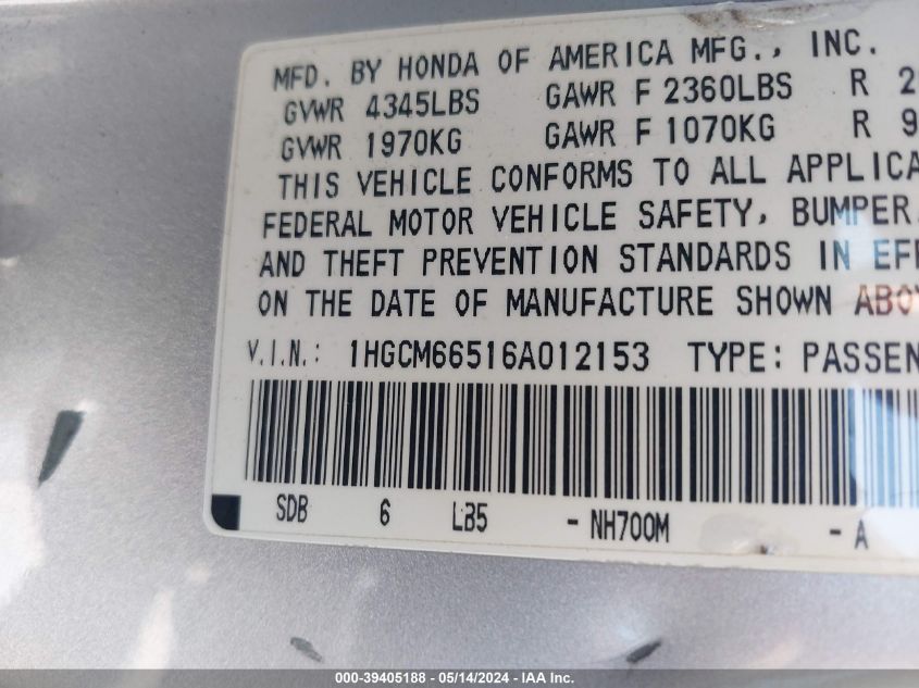 2006 Honda Accord 3.0 Ex VIN: 1HGCM66516A012153 Lot: 39405188