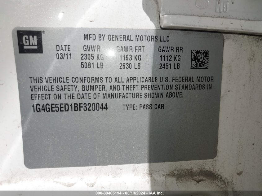 2011 Buick Lacrosse Cxs VIN: 1G4GE5ED1BF320044 Lot: 39405194