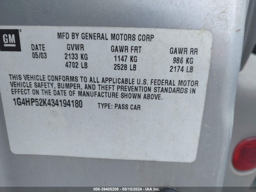 2003 Buick Lesabre Custom VIN: 1G4HP52K434194180 Lot: 39405208