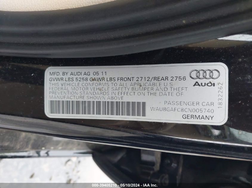 2012 Audi A6 3.0 Premium VIN: WAUBGAFC8CN005740 Lot: 39405210