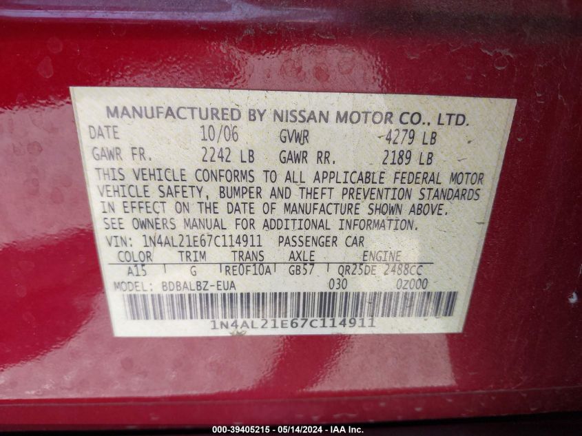 2007 Nissan Altima 2.5 S VIN: 1N4AL21E67C114911 Lot: 39405215