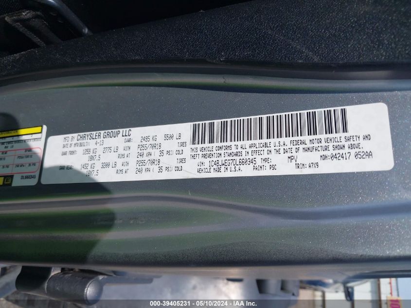 2013 Jeep Wrangler Unlimited Sahara VIN: 1C4BJWEG7DL660345 Lot: 39405231