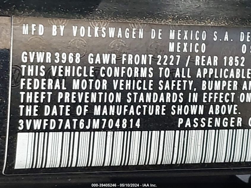 2018 Volkswagen Beetle 2.0T Coast/2.0T S VIN: 3VWFD7AT6JM704814 Lot: 39405246