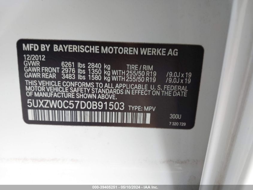 2013 BMW X5 xDrive35D VIN: 5UXZW0C57D0B91503 Lot: 39405251