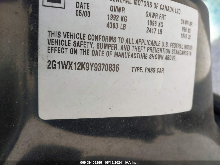 2000 Chevrolet Monte Carlo Ss VIN: 2G1WX12K9Y9370836 Lot: 39405255