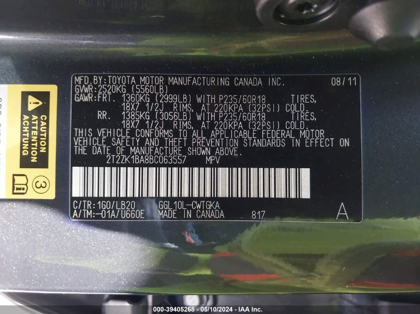 2011 Lexus Rx 350 VIN: 2T2ZK1BA8BC063557 Lot: 39405268