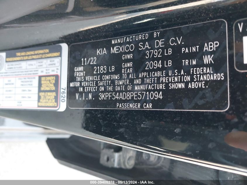 2023 Kia Forte Gt-Line VIN: 3KPF54AD8PE571094 Lot: 39405278