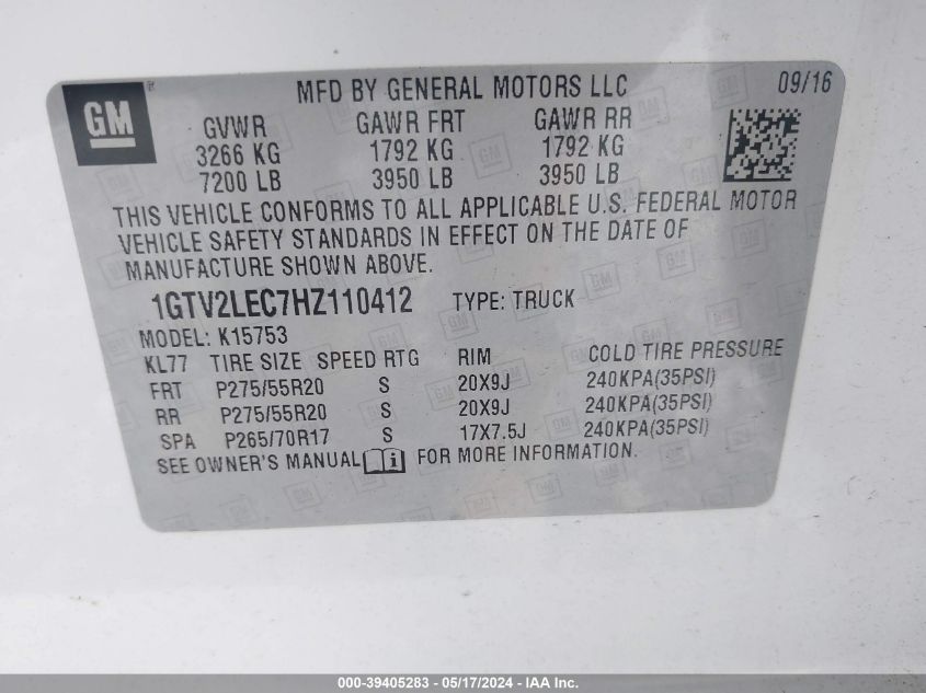 2017 GMC Sierra 1500 K1500 VIN: 1GTV2LEC7HZ110412 Lot: 39405283