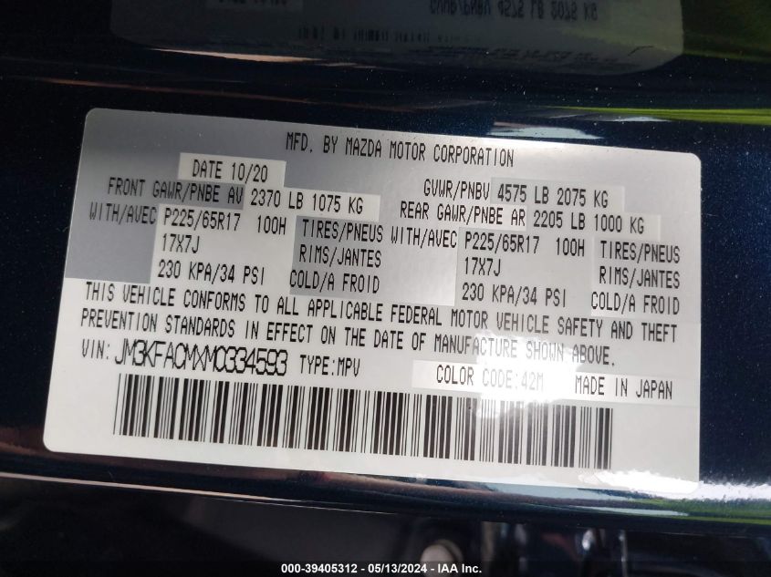 2021 Mazda Cx-5 Touring VIN: JM3KFACMXM0334593 Lot: 39405312