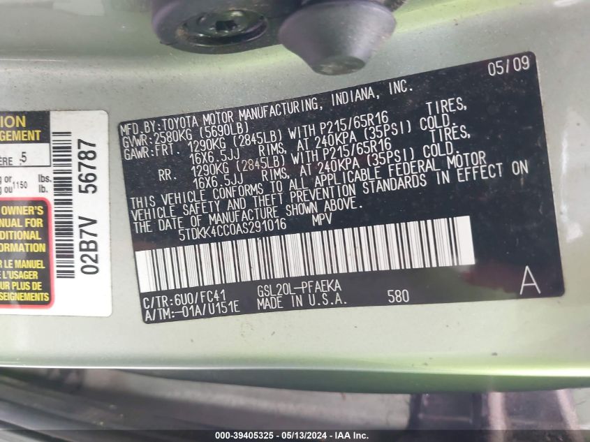 2010 Toyota Sienna Le VIN: 5TDKK4CC0AS291016 Lot: 39405325