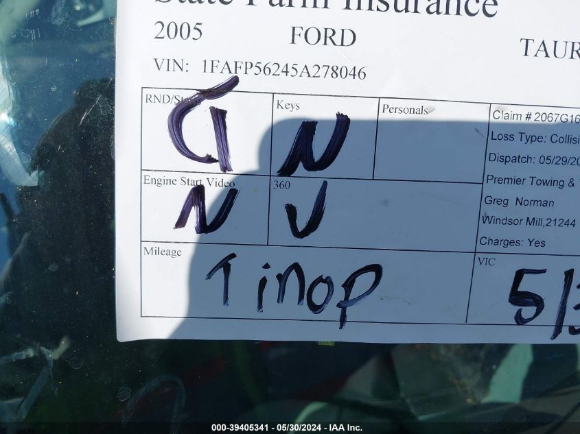 2005 Ford Taurus Sel VIN: 1FAFP56245A278046 Lot: 39405341