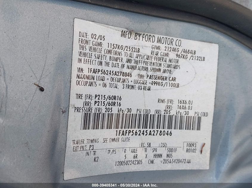 2005 Ford Taurus Sel VIN: 1FAFP56245A278046 Lot: 39405341