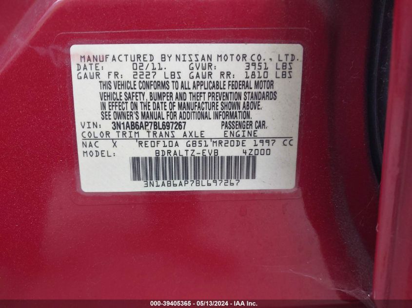 2011 Nissan Sentra 2.0S VIN: 3N1AB6AP7BL697267 Lot: 39405365