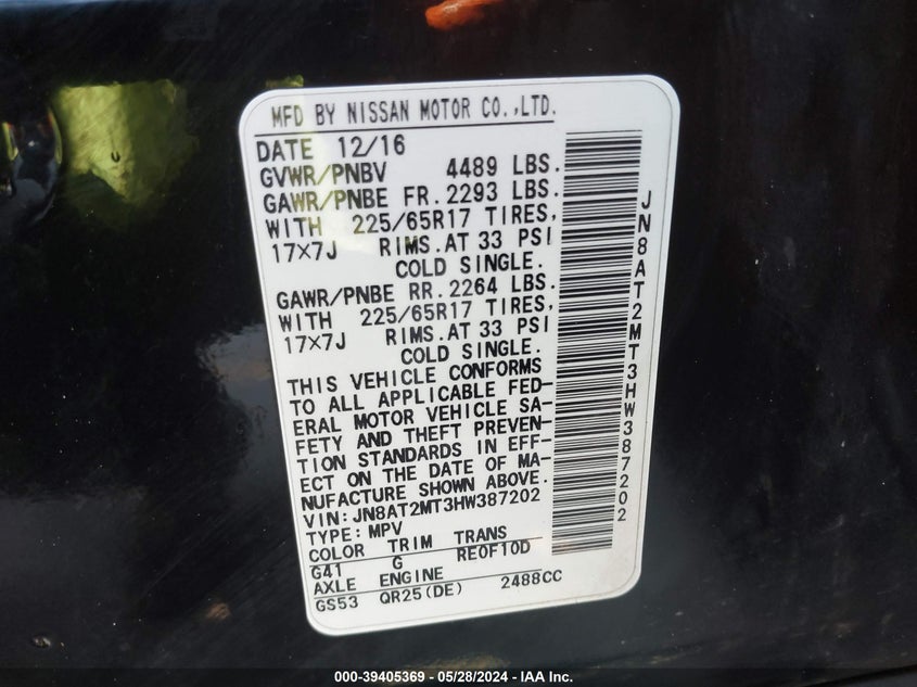 2017 Nissan Rogue Sv VIN: JN8AT2MT3HW387202 Lot: 39405369