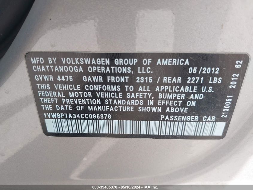 2012 Volkswagen Passat 2.5L Se VIN: 1VWBP7A34CC095376 Lot: 39405370