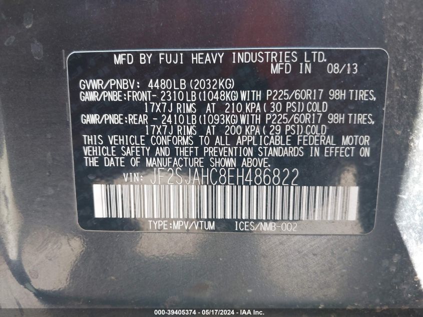 2014 Subaru Forester 2.5I Limited VIN: JF2SJAHC8EH486822 Lot: 39405374