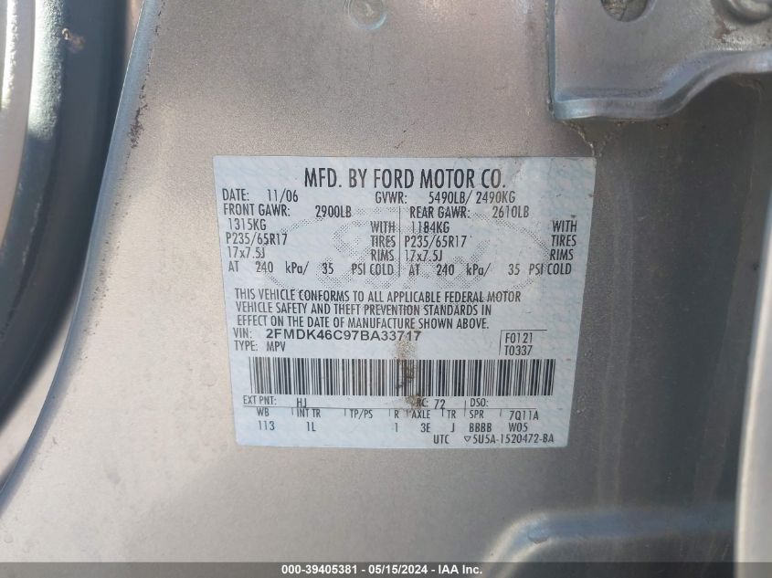 2007 Ford Edge Se VIN: 2FMDK46C97BA33717 Lot: 39405381