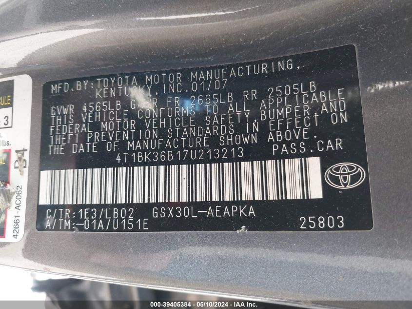 2007 Toyota Avalon Limited VIN: 4T1BK36B17U213213 Lot: 39405384