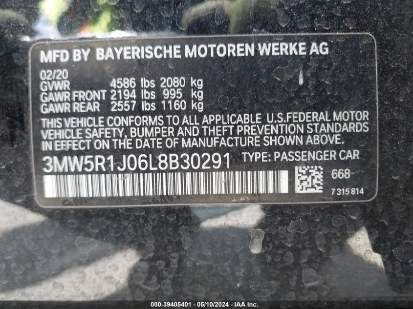 2020 BMW 330I VIN: 3MW5R1J06L8B30291 Lot: 39405401