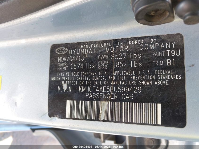 2014 Hyundai Accent Gls VIN: KMHCT4AE5EU599429 Lot: 39405403