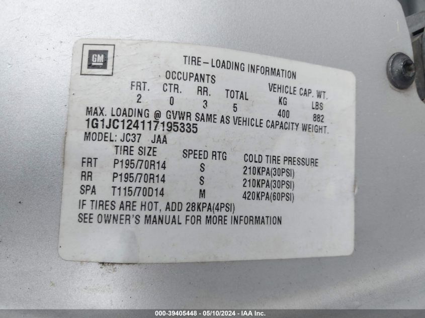 2001 Chevrolet Cavalier VIN: 1G1JC124117195335 Lot: 39405448