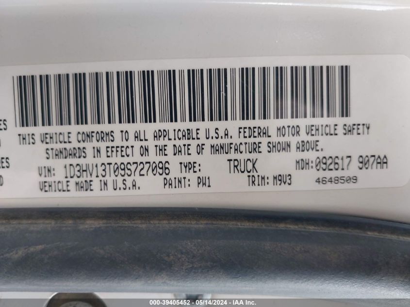 2009 Dodge Ram 1500 Slt/Sport/Trx VIN: 1D3HV13T09S727096 Lot: 39405452