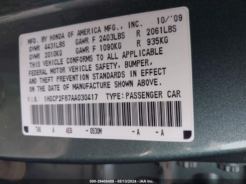 2010 Honda Accord 2.4 Ex-L VIN: 1HGCP2F87AA030417 Lot: 39405458