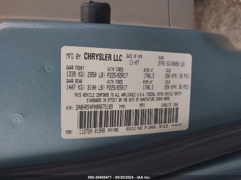 2008 Chrysler Town & Country Touring VIN: 2A8HR54P08R675189 Lot: 39405471