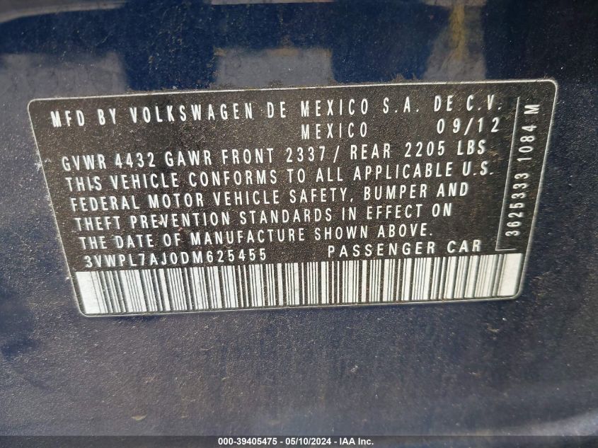 2013 Volkswagen Jetta Sportwagen 2.0L Tdi VIN: 3VWPL7AJ0DM625455 Lot: 39405475