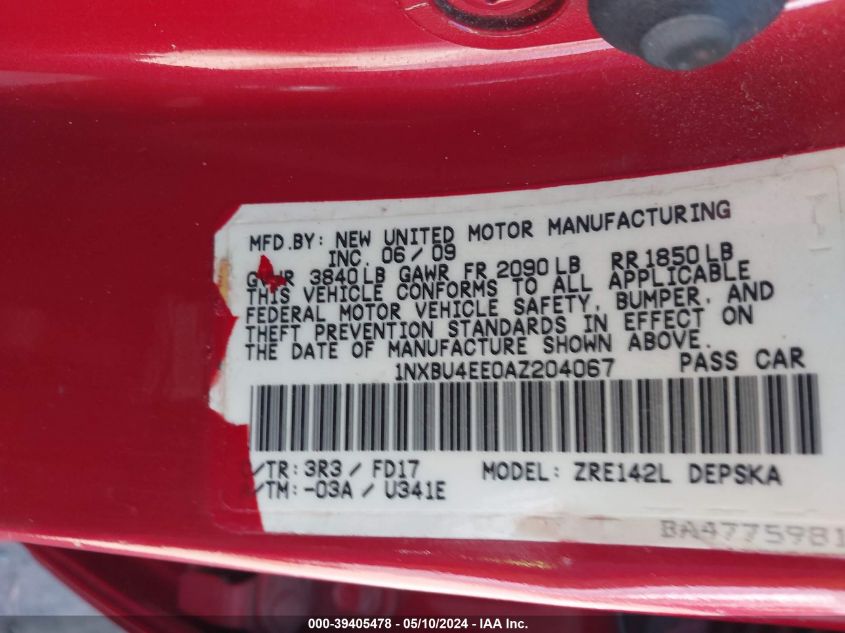 2010 Toyota Corolla S VIN: 1NXBU4EE0AZ204067 Lot: 39405478