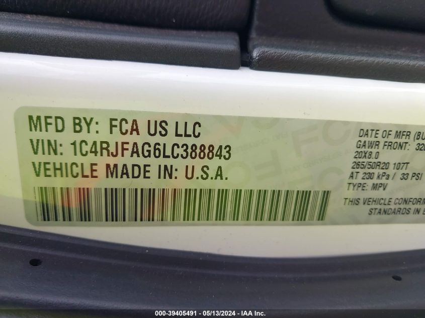 2020 Jeep Grand Cherokee Altitude 4X4 VIN: 1C4RJFAG6LC388843 Lot: 39405491