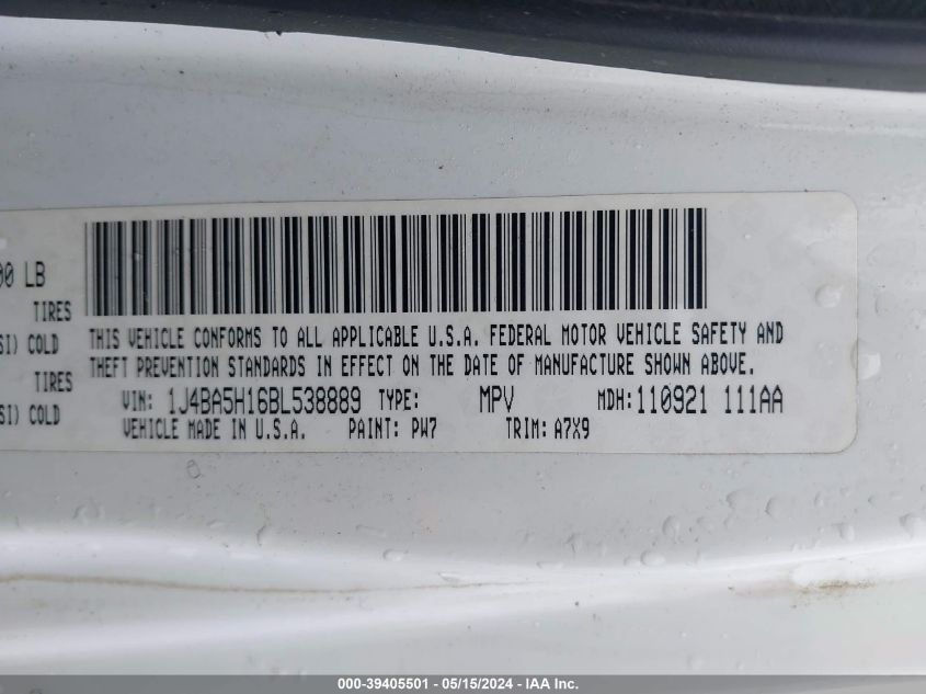 2011 Jeep Wrangler Unlimited Sahara VIN: 1J4BA5H16BL538889 Lot: 39405501