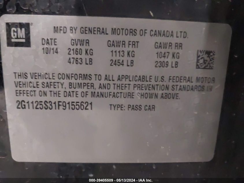 2015 Chevrolet Impala 2Lt VIN: 2G1125S31F9155621 Lot: 39405509