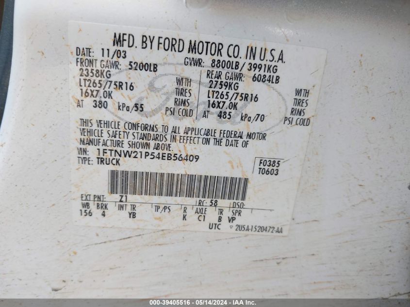 2004 Ford F-250 Lariat/Xl/Xlt VIN: 1FTNW21P54EB56409 Lot: 39405516