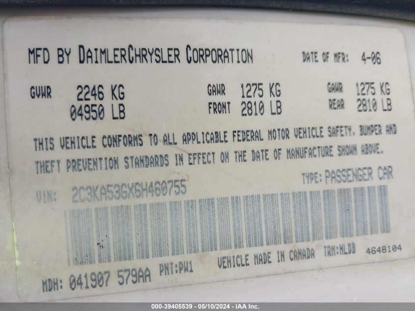 2006 Chrysler 300 Touring VIN: 2C3KA53GX6H460755 Lot: 39405539