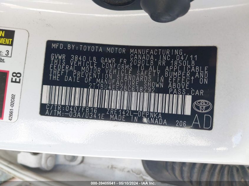 2011 Toyota Corolla Le VIN: 2T1BU4EE2BC618292 Lot: 39405541