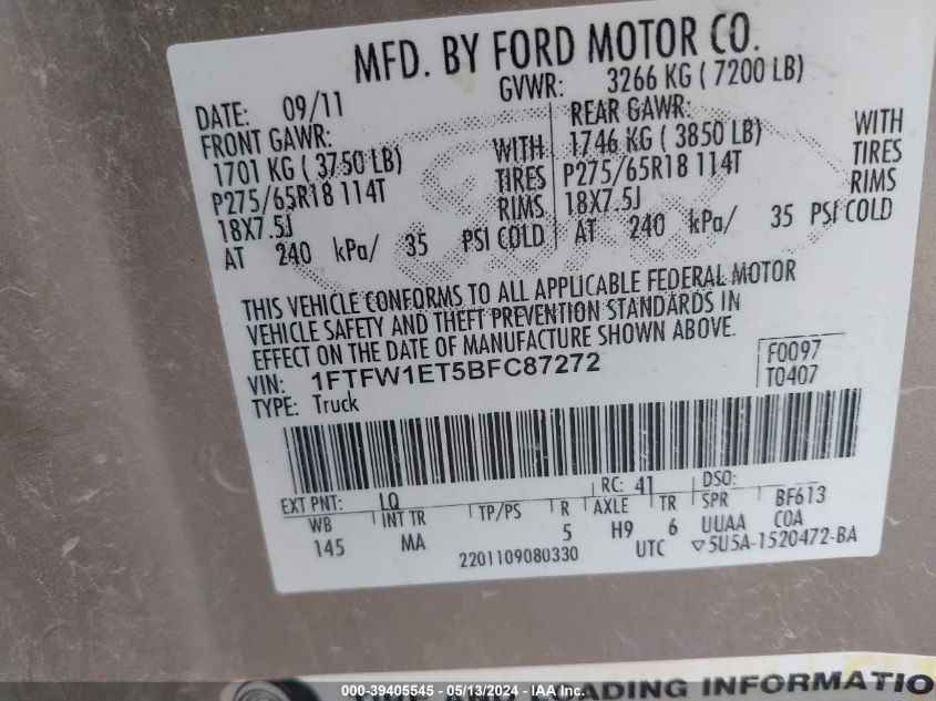 2011 Ford F-150 Xlt VIN: 1FTFW1ET5BFC87272 Lot: 39405545