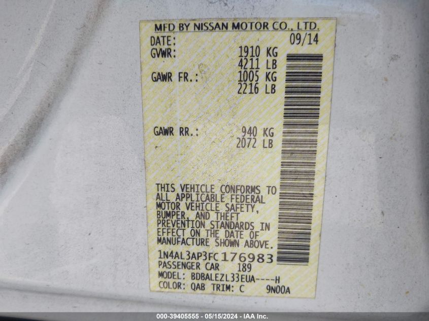 2015 Nissan Altima 2.5 S VIN: 1N4AL3AP3FC176983 Lot: 39405555