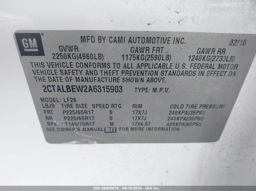 2010 GMC Terrain Sle-1 VIN: 2CTALBEW2A6315903 Lot: 39405578