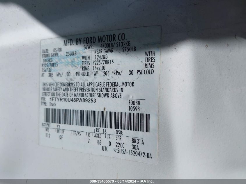 2008 Ford Ranger Sport/Xl/Xlt VIN: 1FTYR10U48PA89253 Lot: 39405579