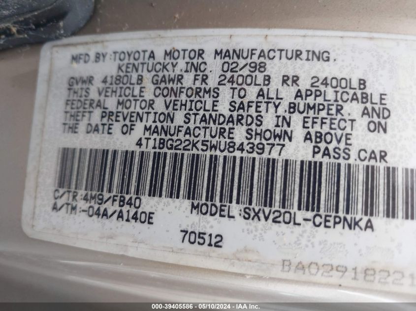 4T1BG22K5WU843977 | 1998 TOYOTA CAMRY