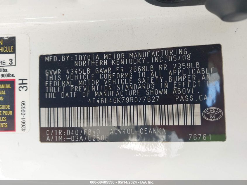 2009 Toyota Camry Le VIN: 4T4BE46K79R077627 Lot: 39405590