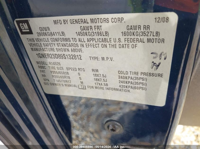 2009 Chevrolet Traverse Lt VIN: 1GNER23D89S132812 Lot: 39405594