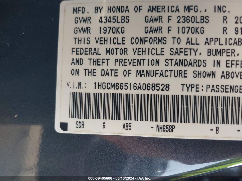 2006 Honda Accord 3.0 Ex VIN: 1HGCM66516A068528 Lot: 39405606