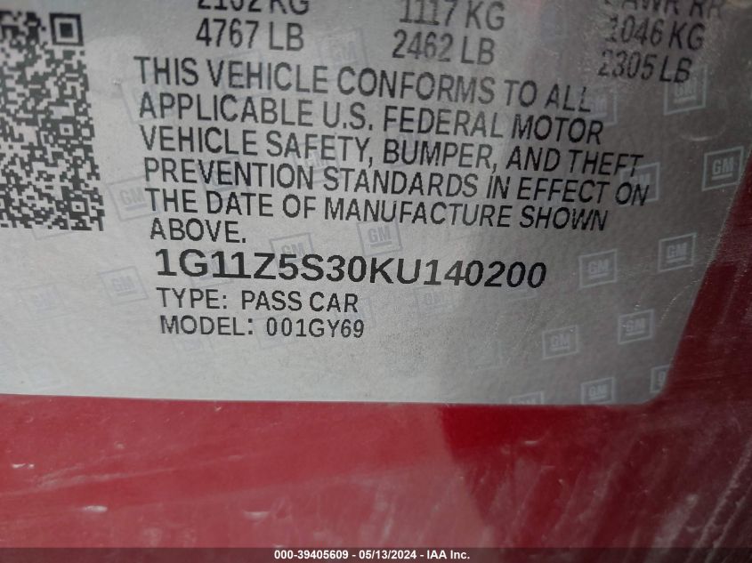 2019 Chevrolet Impala Lt VIN: 1G11Z5S30KU140200 Lot: 39405609